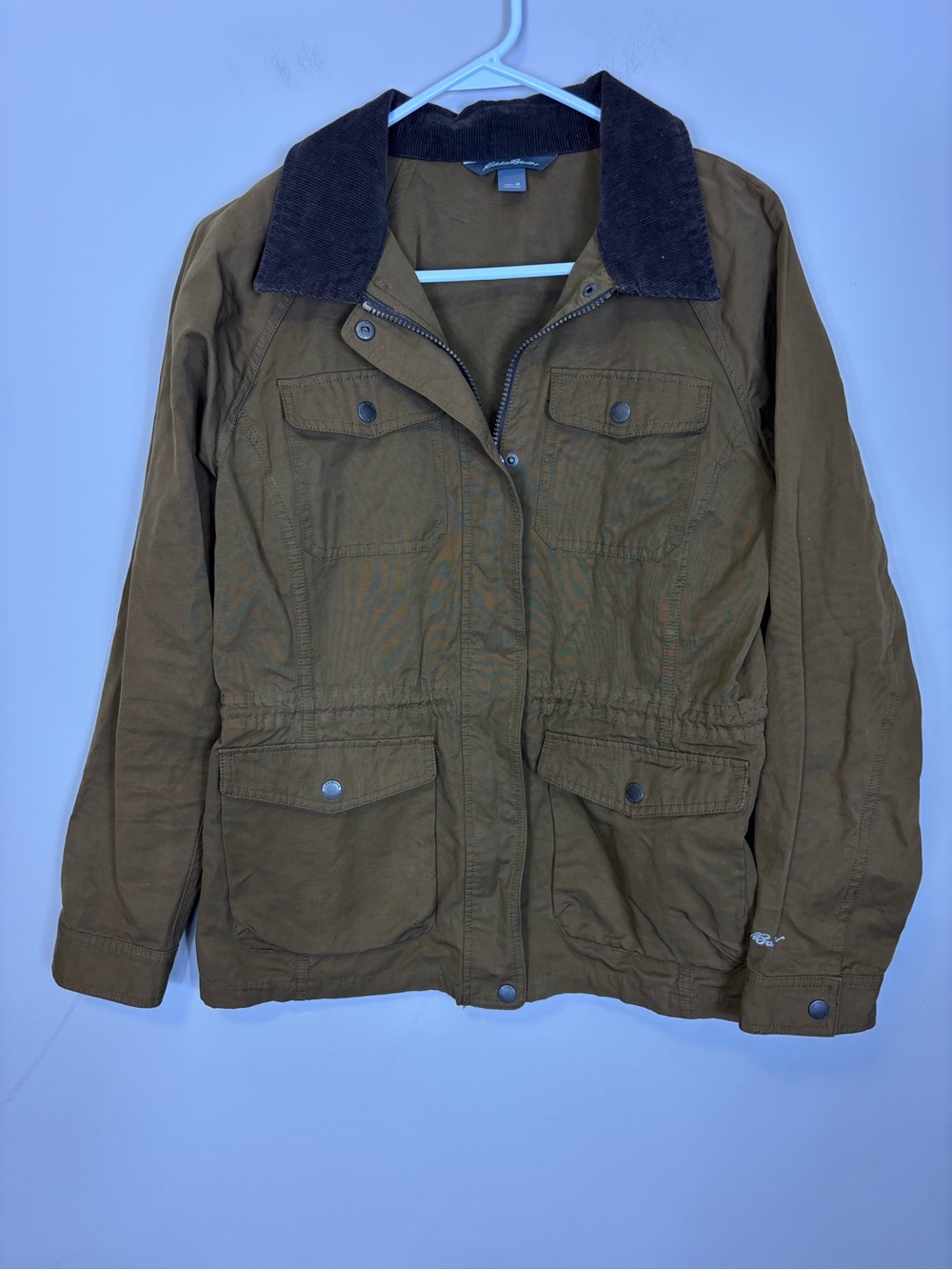 Eddie Bauer Tan Barn Jacket with Dark Brown Corduroy Collar Women’s Medium